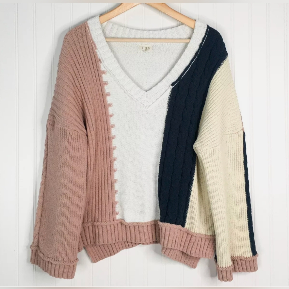 POL Women's Long Sleeve V-Neck Color-Block Relaxed Cable Knit Sweater
